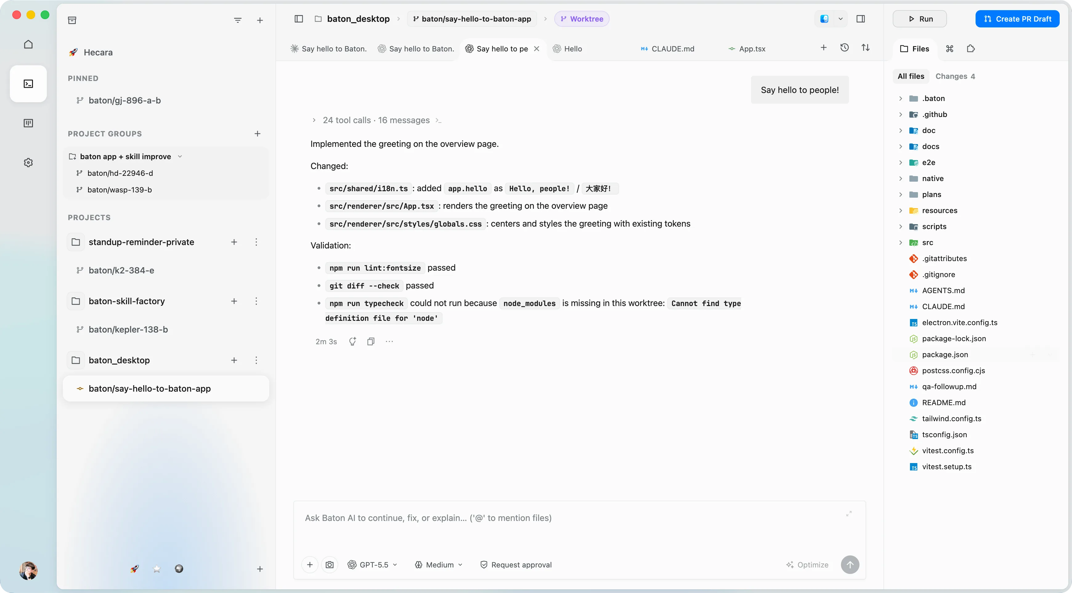 Baton desktop app: a coding agent working in its own git worktree, with the project list, task tabs, and changed files side by side